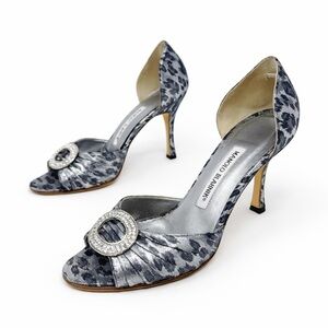 Manolo Blahnik Sedaraby Crystal Buckle Leopard Print D’Orsay Heels Women EU 36.5